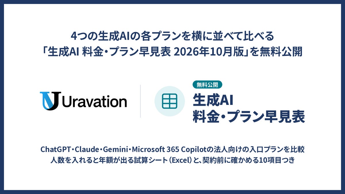 ChatGPT・Claude・Gemini・Microsoft 365 Copilotの料金を同じ段で横並びに　Uravationが「生成AI 料金・プラン早見表 2026年10月版」を無料公開