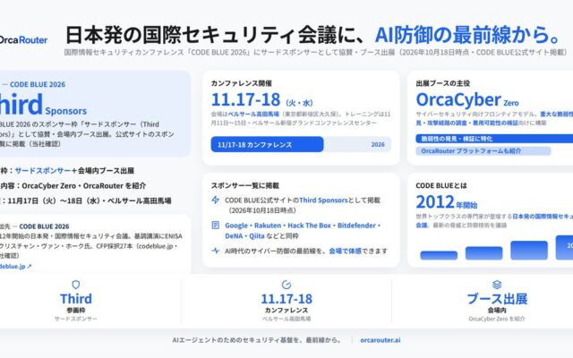 OrcaRouter、日本発の国際情報セキュリティカンファレンス「CODE BLUE 2026」にサードスポンサーとして協賛・出展