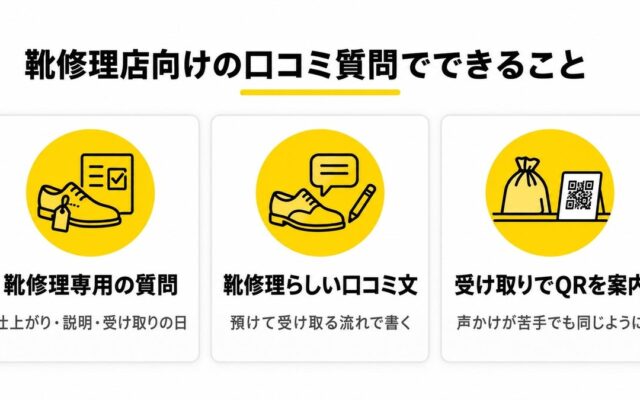 靴修理店の集客に専用の口コミ質問を搭載 受け取りにQRコードを案内するだけで、仕上がりの良さが口コミに｜口コミロボ(TM)