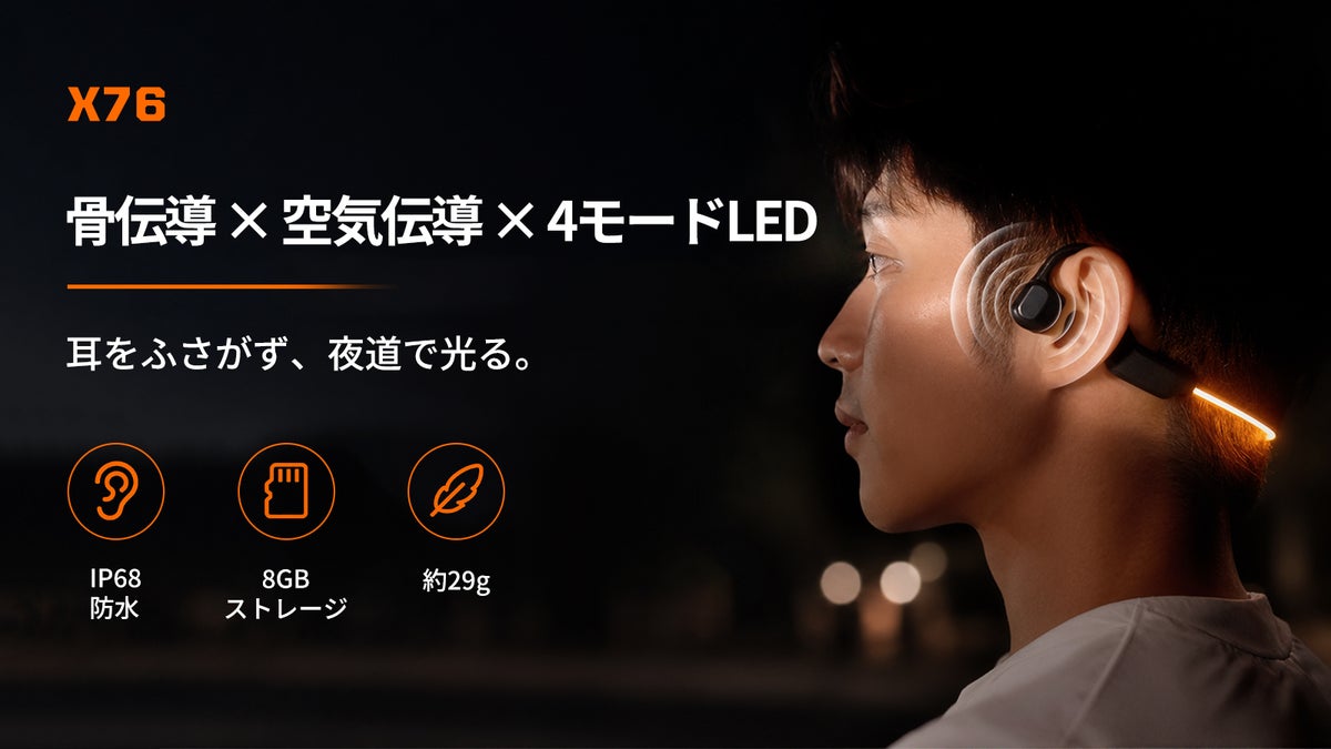 耳をふさがず聴けて夜はLEDが光る　骨伝導×空気伝導イヤホン「X76」が11月3日（火）Makuakeに登場、最大40%OFF